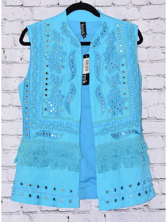 berek Jackets & Blazers - BEREK Mix-Media Wearable Art Embellished Couture Linen Vest Blue Medium NWT